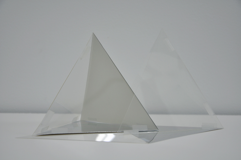 Tetrahedron maquettes in clear perspex, acetate, mirror card